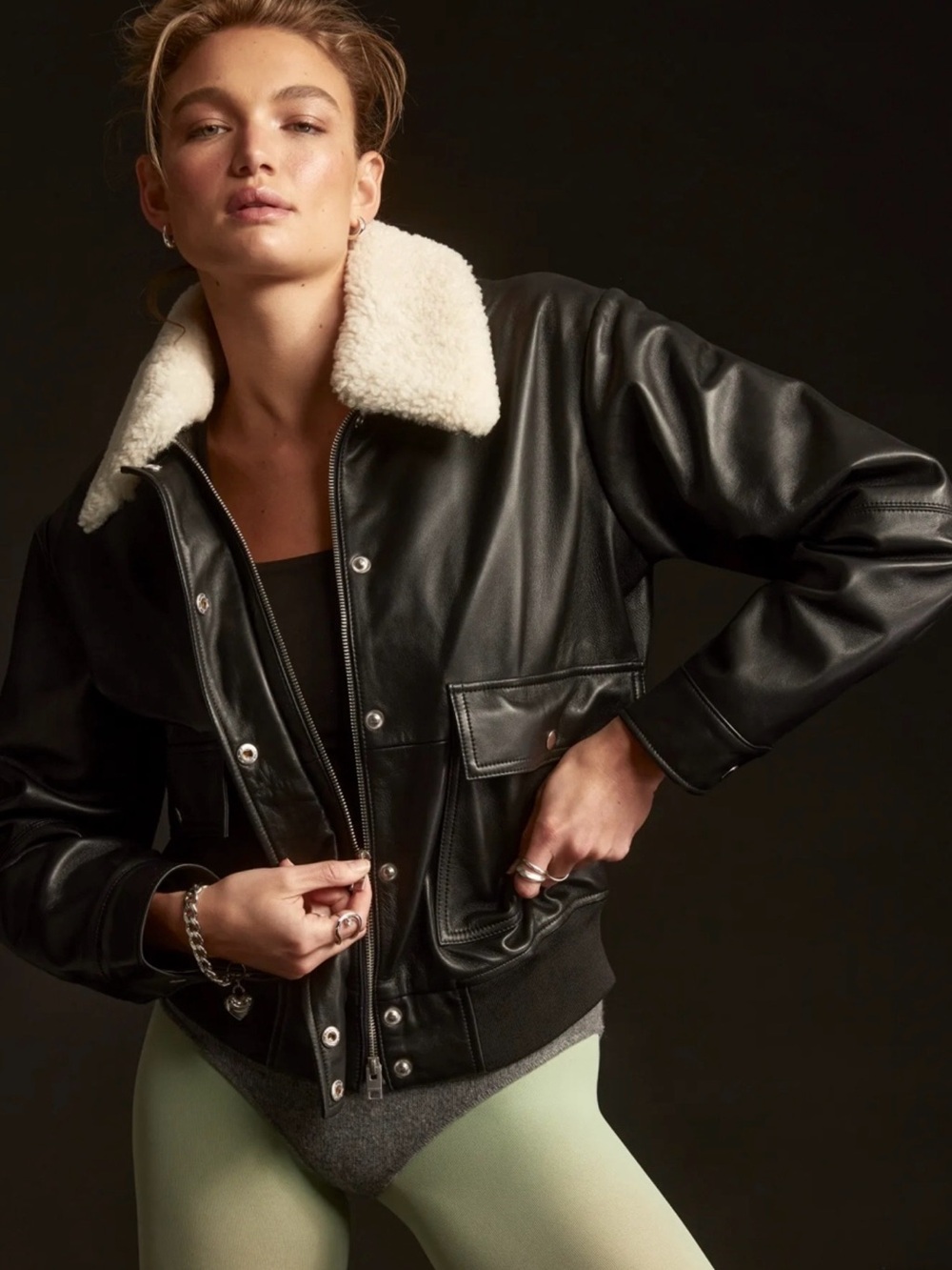 Lucky Brand Women's Black 100% Leather Jacket with Cream Shearling Collar